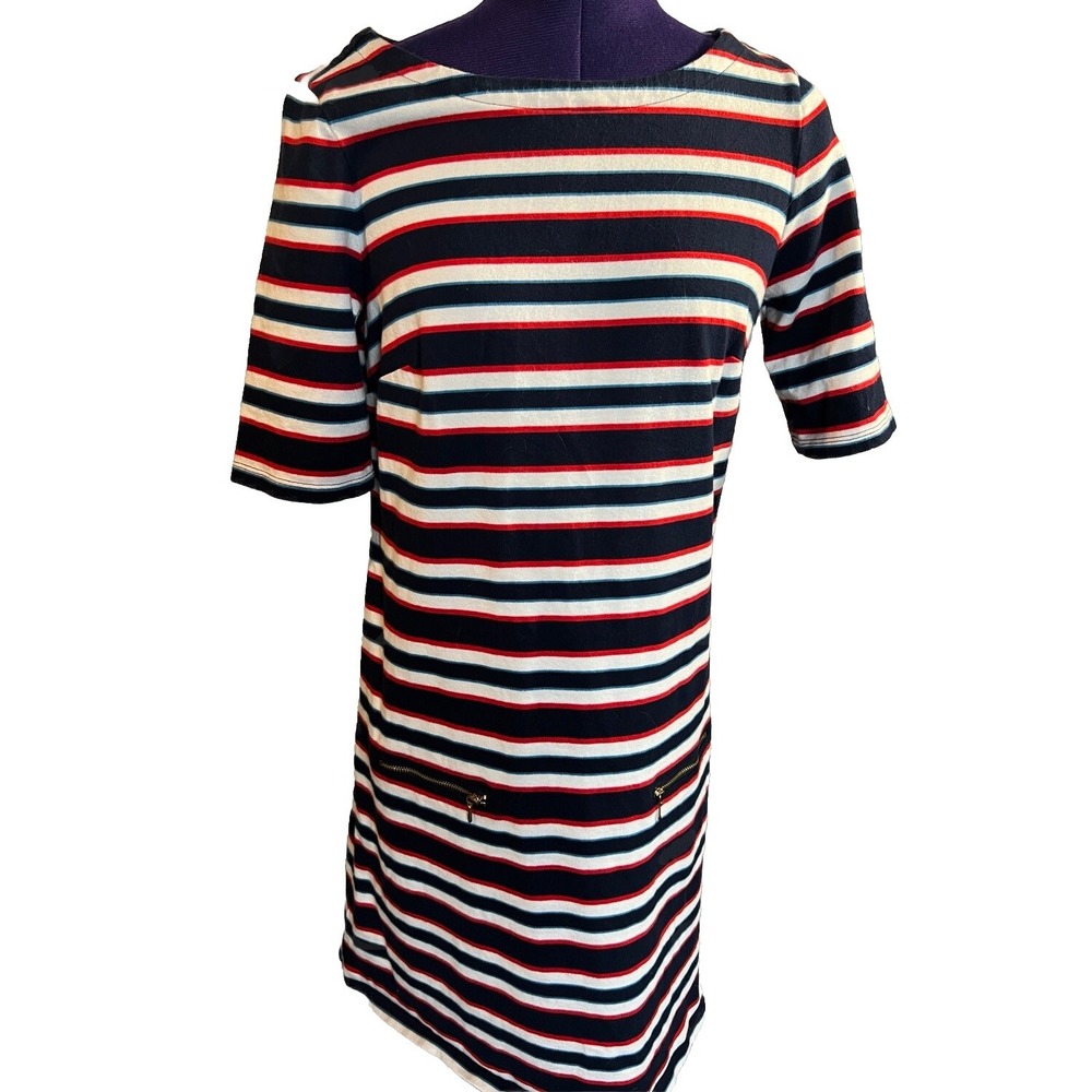 Tommy Hilfiger Striped Tee Dress Medium Zipper Pocket Short Sleeve